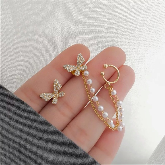 "Fluttering Free" Butterfly Diamond Cuff Stud Gold Silver Dainty Pearl Earrings - Picture 8 of 12